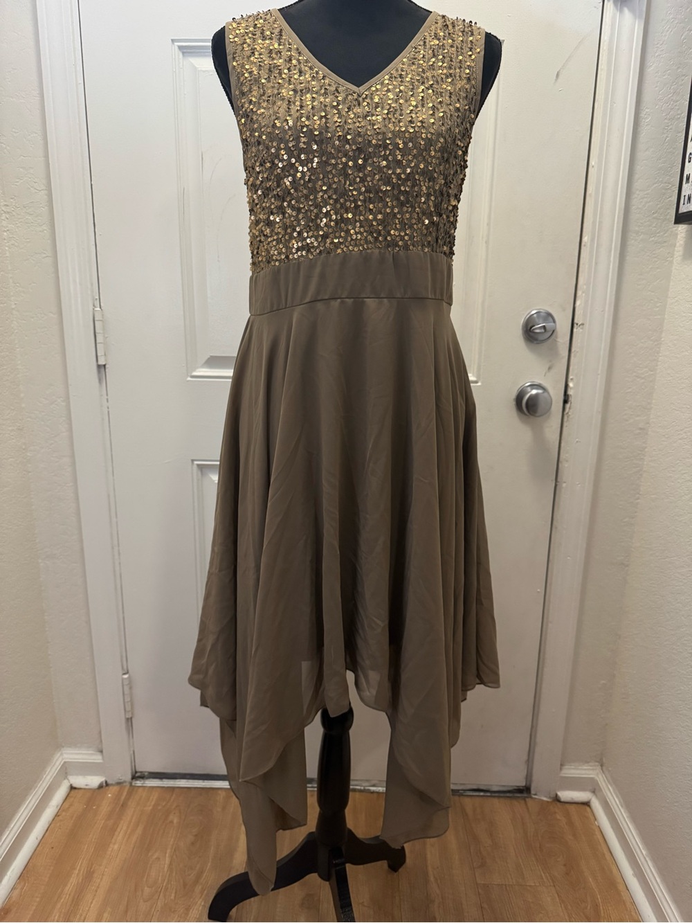 VENUS Gold Sequin and Taupe High-Low Dress 0458